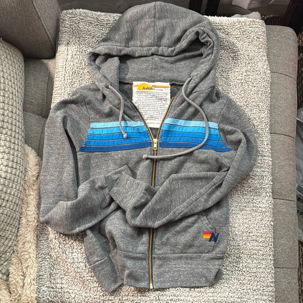 Aviator Nation 5 stripe hoodie - heather grey // blue *EUC* XS